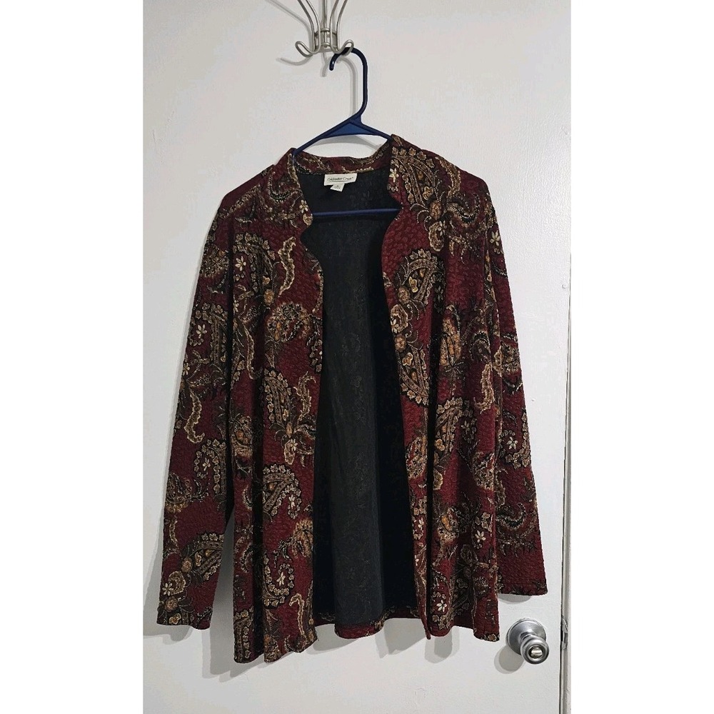 Coldwater Creek Paisley Blazer Jacket Women XL Red Stretch Elegant Boho Dressy